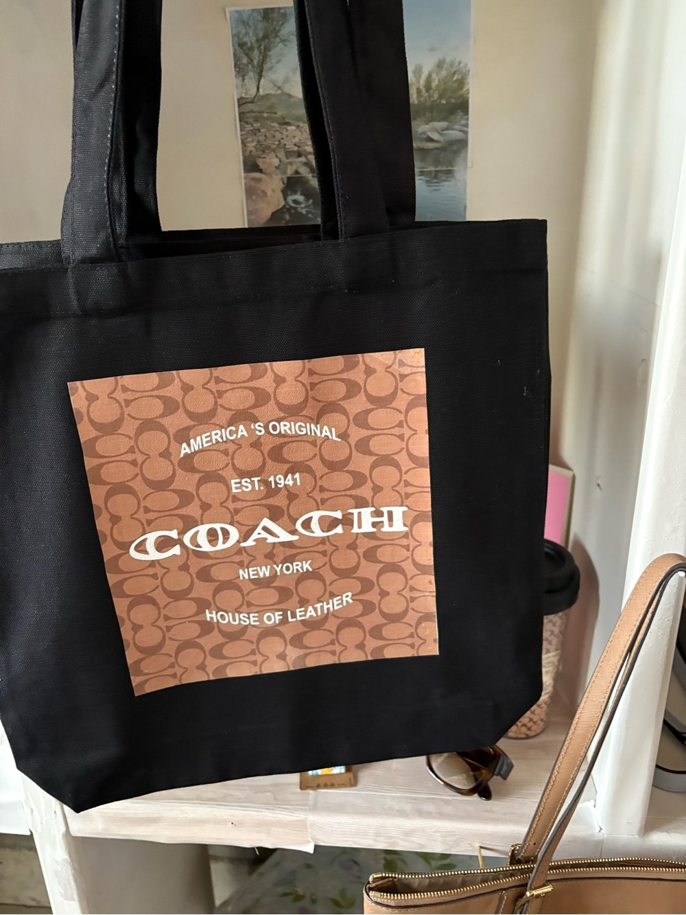 COACH Black Tote with Brown Signature Patch